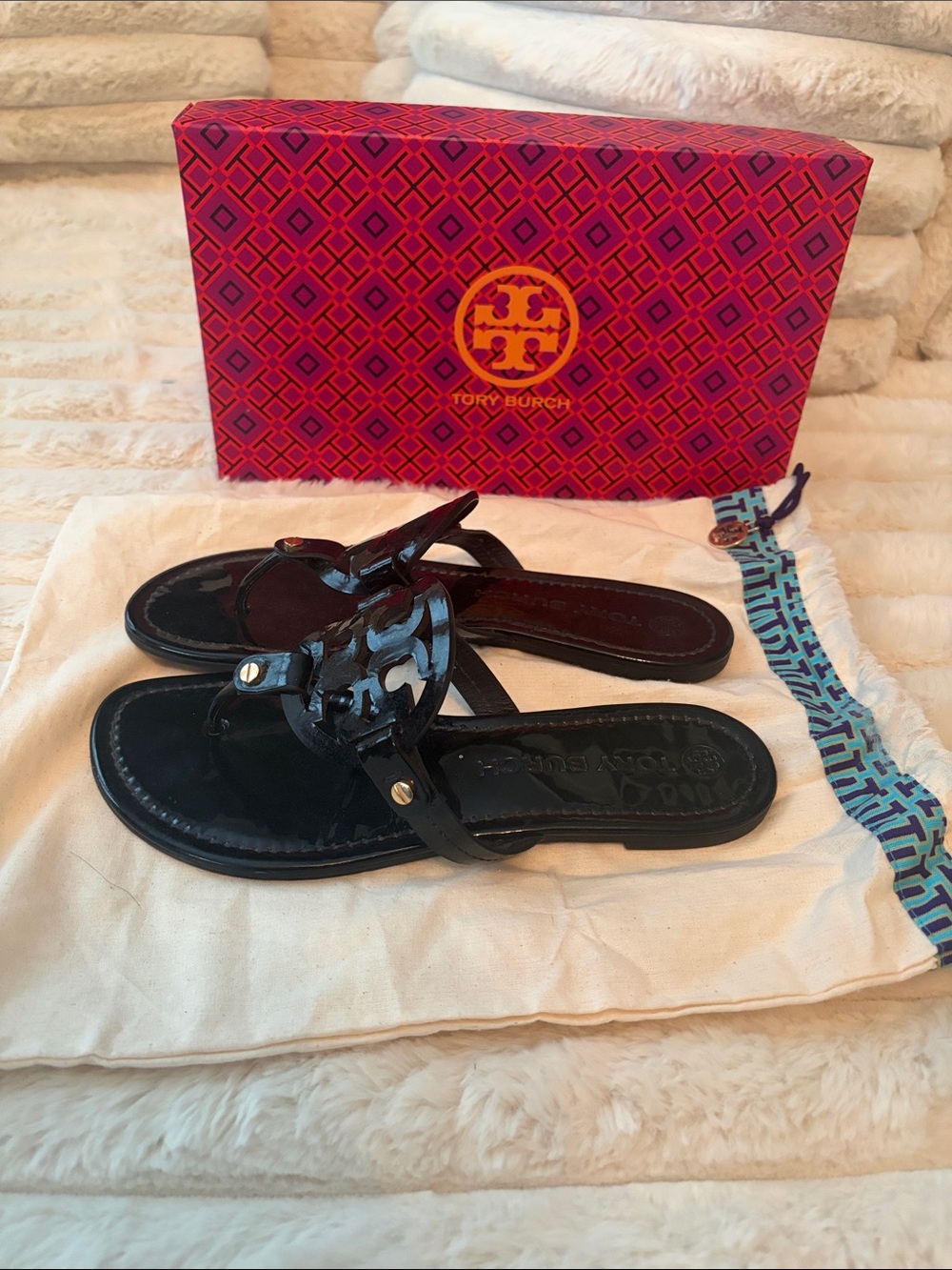 Tory Burch Black Patent Logo Thong Sandals